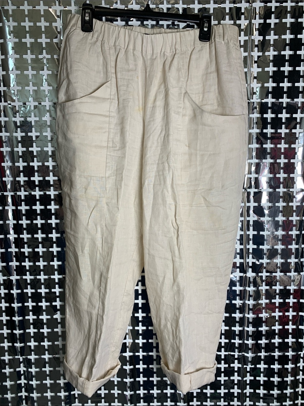 Women’s Elastic-Waist Tapered 100% Linen  Trousers in Cream